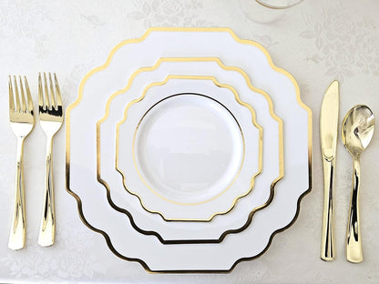 " OCCASIONS " 50 Plates Pack (25 Guests)-Heavyweight Wedding Party Disposable Plastic Plate Set -(25x10.5'' Dinner + 25x8'' Salad/Dessert) (Imperial White & Gold)