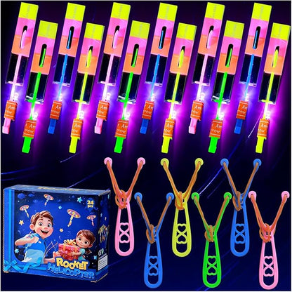 SCIONE 24 Sets LED Flying Set, 24 Slingshot+24 Glow Helicopter-48 Pcs, Flying Toy Outdoor Toys Glow in The Dark Party Supplies Party Favors for Kids 8-12,4-8
