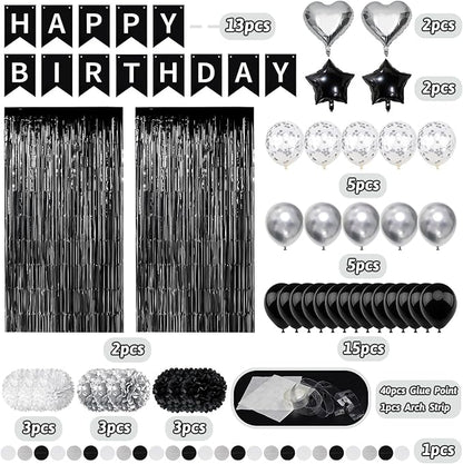 ZERODECO Black White Birthday Party Decorations, Happy Birthday Banner Pompoms White Black Balloon Arch Fringe Curtain Party Décor for Men Women Black and White Party
