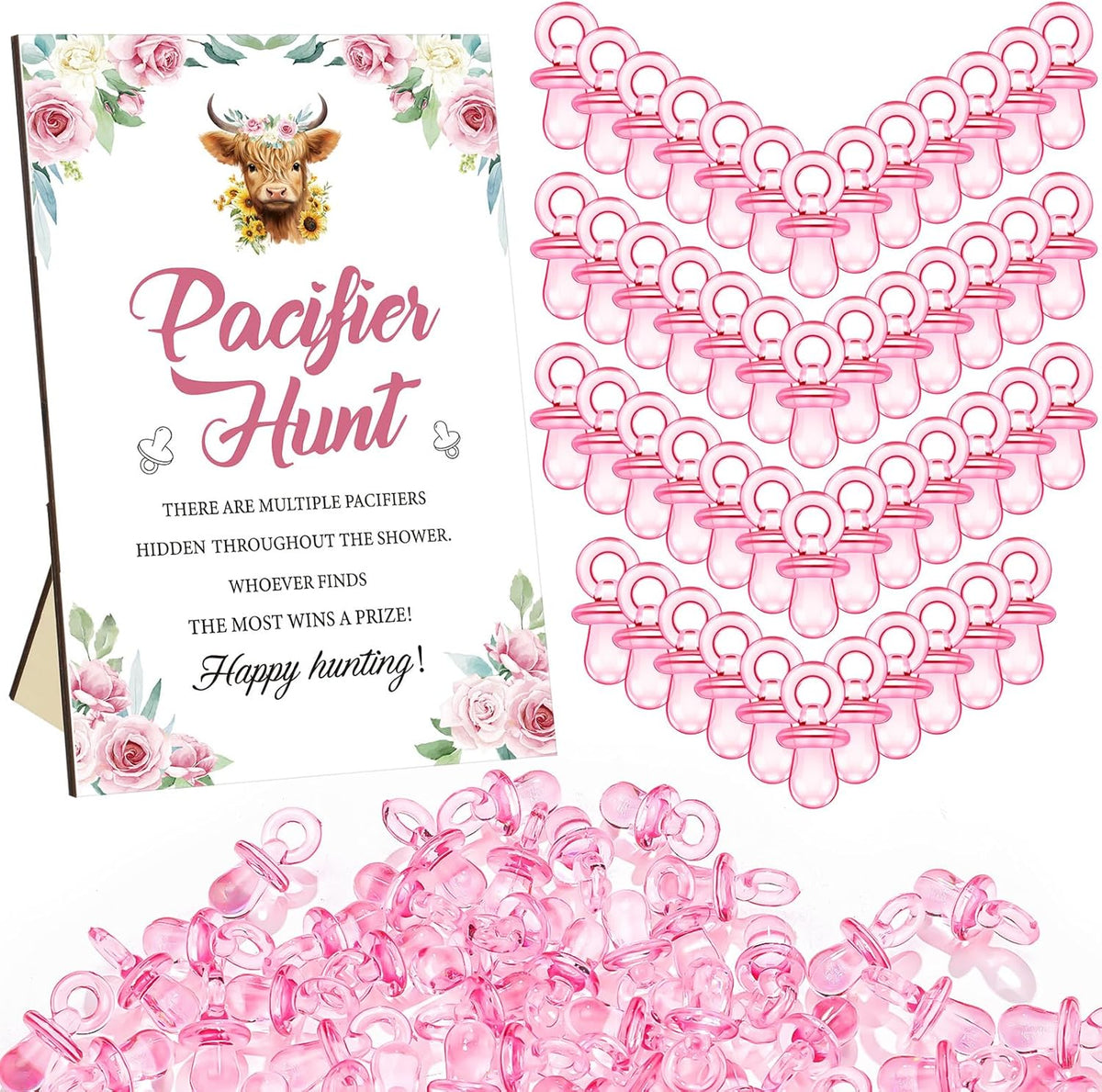 Thyle 51 Pcs Pacifier Hunt Baby Shower Games Include Hunt Sign and 50 Acrylic Pacifiers for Baby Shower Game Decoration Gift Sets Gender Reveal Party Decor(Highland Cow)