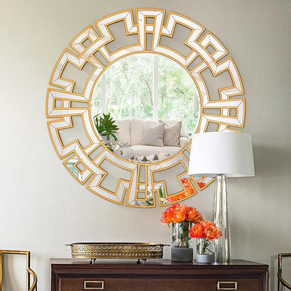 Chende Large Gold Mirrors for Decor, 44'' Round Wall Mirrors for Dining Room Entryway, Elegant Decorative Mirror with Wooden Frame for Living Room, Bedroom, Fireplace