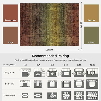 Kokia Abstract Terracotta Area Rugs Boho Washable Distressed Retro Indoor 6x9 Rug Low Pile Non-Slip Non-Shedding Carpet Bedroom Living Room Dining Room, Brown and Tan