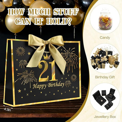 JMANNI Black Gold 21st Birthday Gift Bag with Card and Tissue Paper, 12.6"×9.84"×3.9" Elegant Present Bag for Adults, 21 Year Old Birthday Keepsake Party Supplies