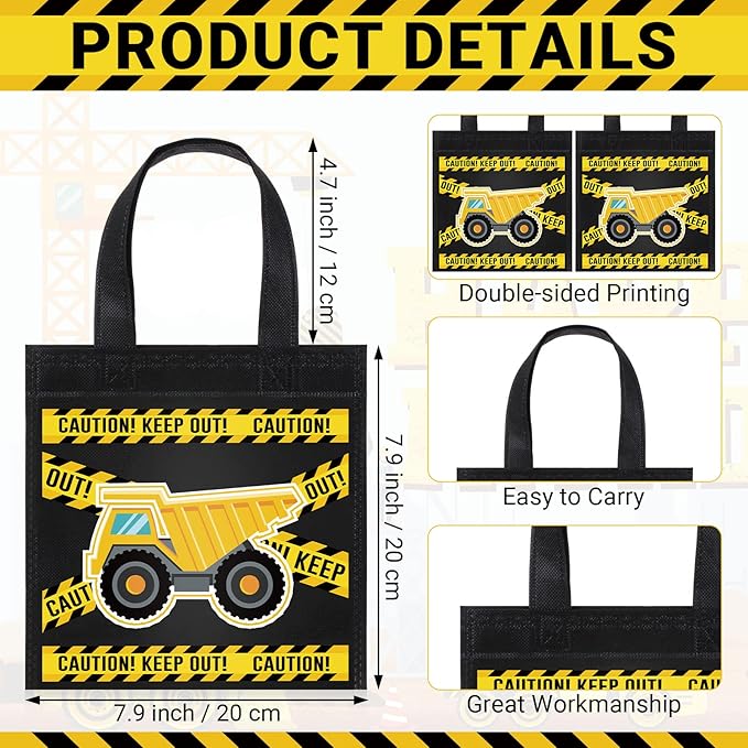 Photect 24 Pcs Construction Party Favors Construction Theme Gift Bags Dump Truck Non Woven Mini Tote with Handles Excavator Tractor Candy Goodie Treat Package for Birthday Party Decorations Supplies