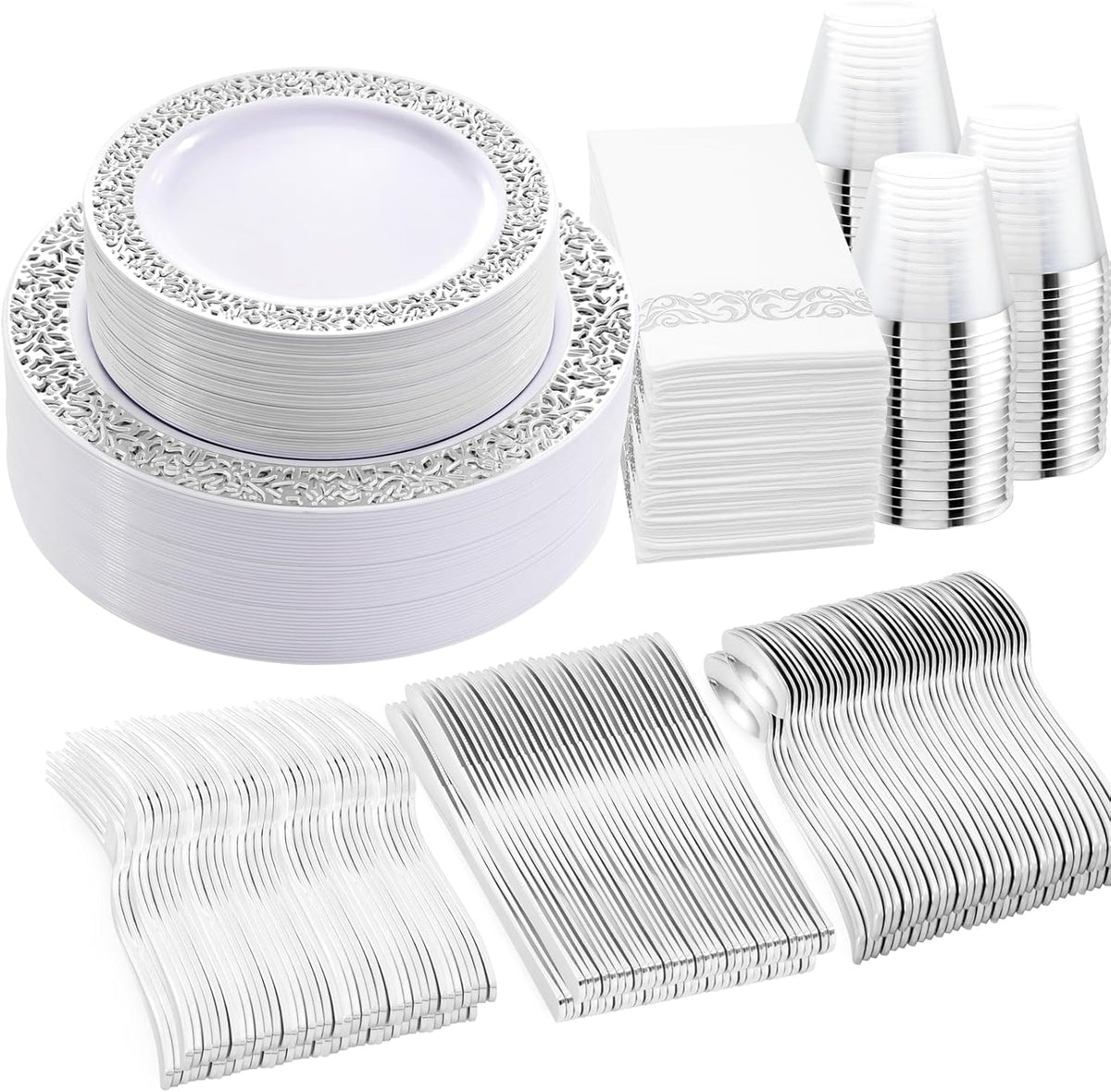 WELLIFE 350pcs Silver Party Dinnerware Set for 50 Guests, Silver Wedding Plates Disposable Heavy Duty, Including :50 Dinner Plates, 50 Dessert Plates, 50 Cups, 50 Napkins, 50 Sliver Silverware Set