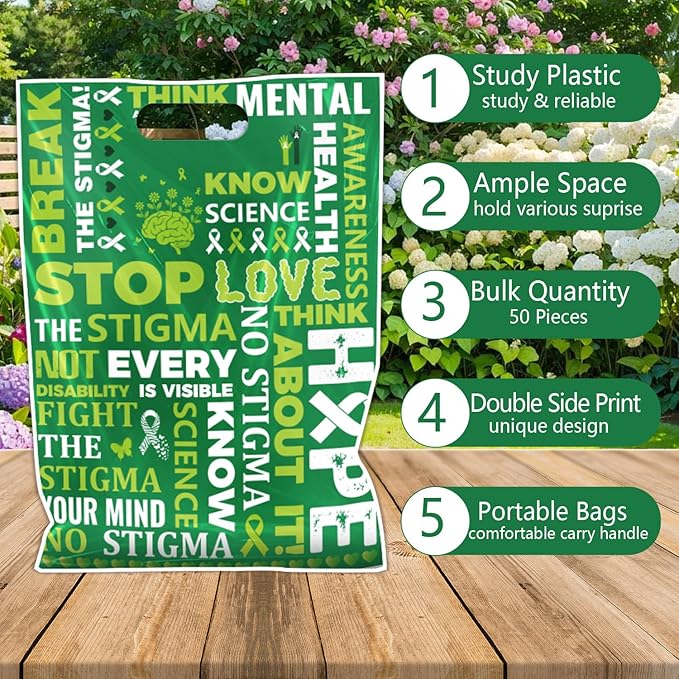 Falueqg Mental Health Awareness Party Favors - 50 Pcs Mental Health Month Goodie Candy Gift Bags Green Ribbon Party Supplies for Campaign Support Charity Events Accessories