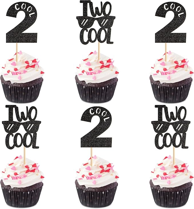 Ercadio 24 Pack Two Cool Cupcake Toppers Glitter Black Two Cool Happy 2nd Birthday Cake Picks Baby Shower Kids Second Birthday Party Cake Decorations