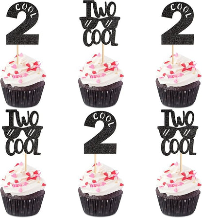 Ercadio 24 Pack Two Cool Cupcake Toppers Glitter Black Two Cool Happy 2nd Birthday Cake Picks Baby Shower Kids Second Birthday Party Cake Decorations