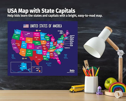 ZOCO – United States Map with Capitals Poster (2-Pack) – Laminated 17x22 – Educational USA Wall Chart for Kids – North America Geography, Social Studies Classroom Decor
