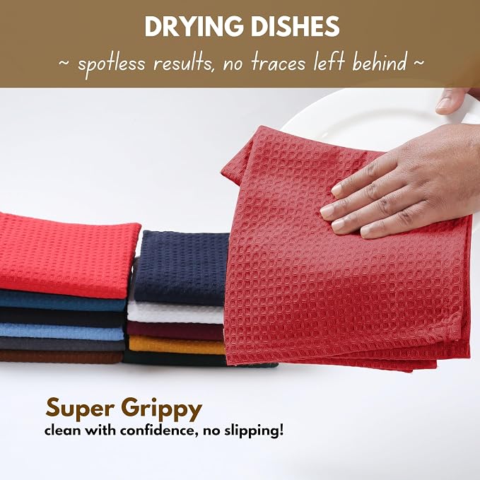 Native Fab Waffle 18 Pack Dish Cloths - 100% Cotton, 12"x12", Absorbent, Quick Drying, Washable Towels for Cleaning, Cooking & Baking - Ideal for Home, Hotels, Bars, Restaurants, Multiple Use - Red