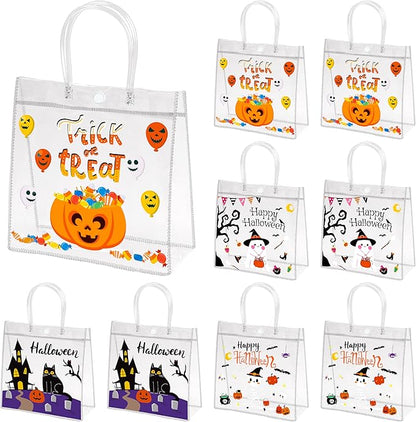 H1vojoxo Halloween Themed Gift Bags - 24PCS Happy Halloween Clear PVC Bags with Handle Reusable Trick or Treat Goodie Treat Candy Tote Bag for Kids Pumpkin Ghost PVC Tote Bag for Party Decoration