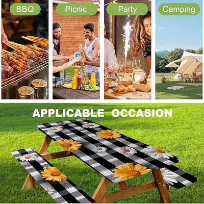 ANNA QUEEN 6FT Sunflower Picnic Table Cover Set 3PCS 72"x30", Waterproof Outdoor Bench and Tablecloth Furniture Protection for Camping Beach BBQ Patio Backyard (Small Flowers)