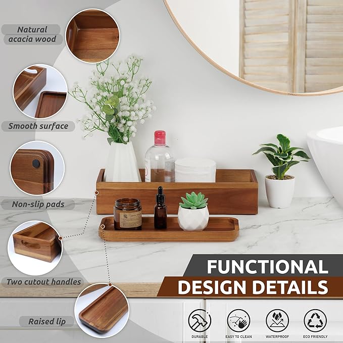 Handmade Toilet Tank Basket Topper & Vanity Tray Set of Natural Acacia Wood by DEMIGO, Created by Skilled Artisans, Smooth, Durable, Attractive Decor for Bathroom, Kitchen, Home, Spa