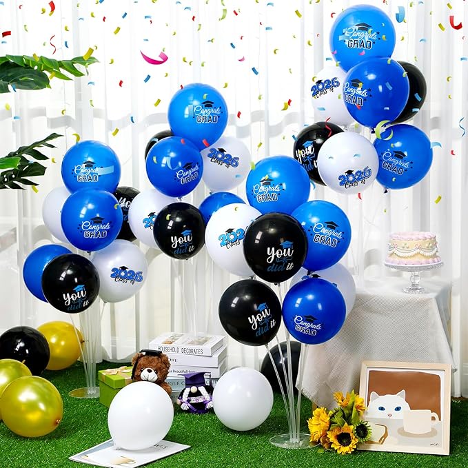 4 Set Graduation Party Balloon Stand Kits for Table Centerpieces Balloon Tables Holders with Congrats 2026 Graduation Party Decorations for School College Photo Props(Blue)