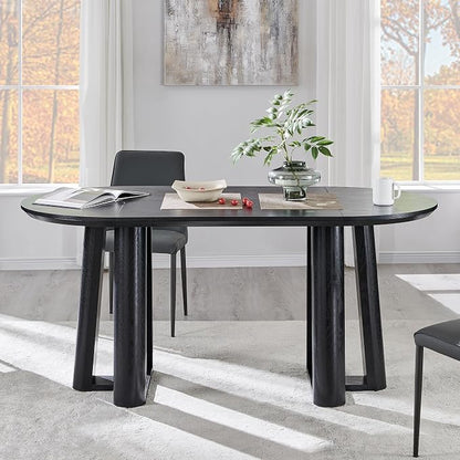 OKD 63" Dining Table for 6-8, Oval Dining Room Table with Triangular Structure Pedestal Stable Base, Curved Table Edge, Circle Kitchen Tables for Dining Room, Kitchen, Black Oak