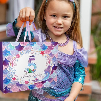 CIEHER 5th Birthday Gift Bags for Girls with Mermaid Greeting Card and Purple Tissue Papers for 5th Birthday Gifts