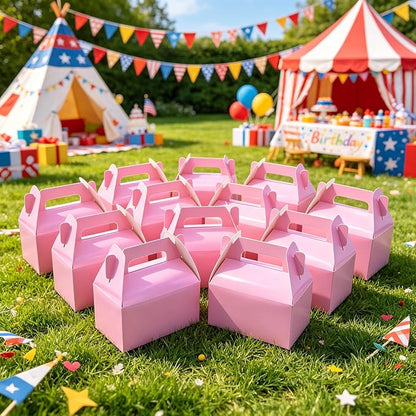 XAGLVV 24 Pack Pink Paper Gable Boxes,6.2 Inch Candy Boxes with Handle, Snack Party Favor& Gift Cookie bags for kids Birthday,Wedding, Baby Shower, Graduation.