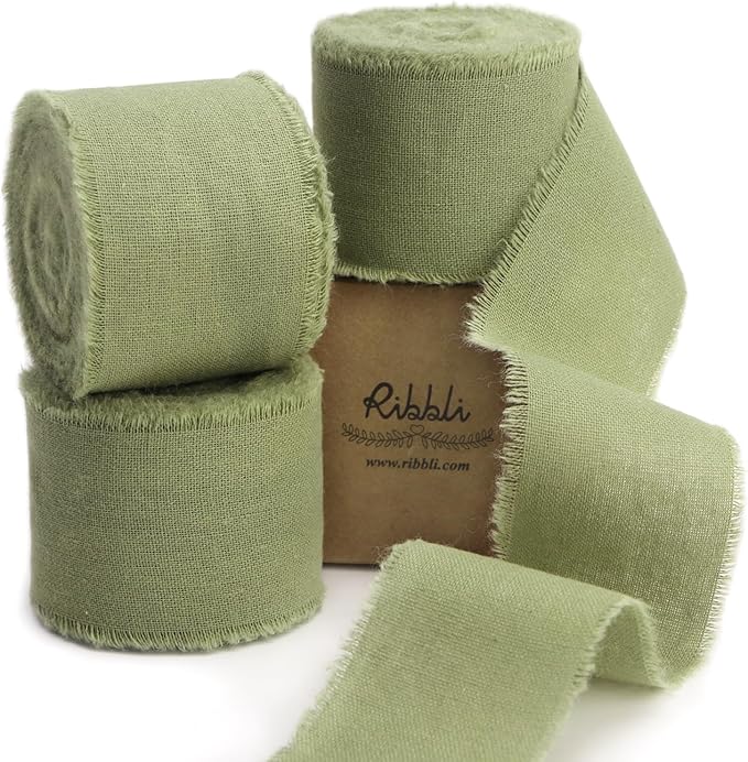 Ribbli 3 Rolls Sage Green Ribbon 1.5 Inch x 18Yards Handmade Cotton Frayed Fringe Ribbons for Gift Wrapping Wedding Invites Bridal Bouquets Baby Shower DIY Crafts Home Decor