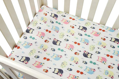 Onacosht Pack n Play Fitted Sheets for Baby Girl 2 Pack Set Soft Jersey Knit Sheets for Mini Crib Mattress and Playard Mattress, Rabbit Floral and Owl Printing
