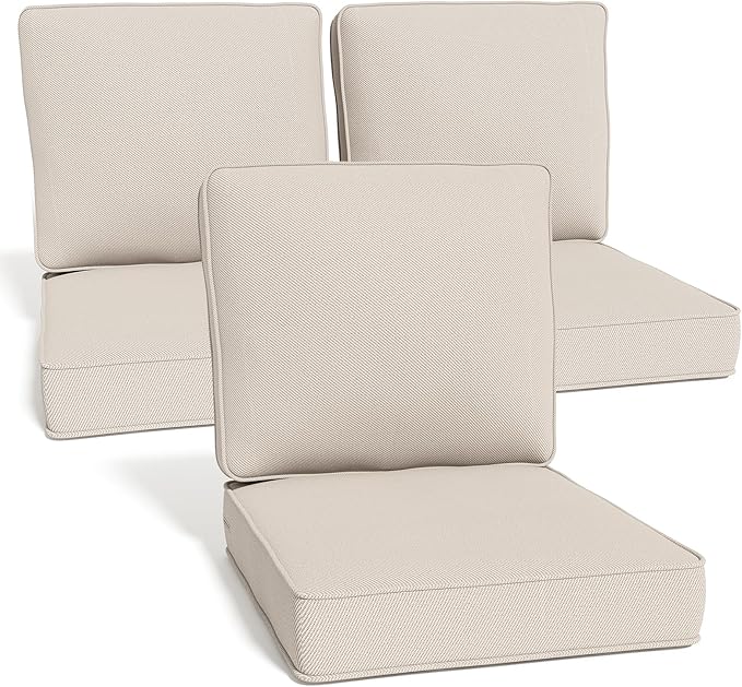 Outdoor Chair Cushions 23" x 24" x 4", Patio Deep Seat Replacement Cushions Set with Zippered Removable Cover, Weather-Resistant Olefin Fabric for Garden Chair Sofa Couch, Set of 3, Beige