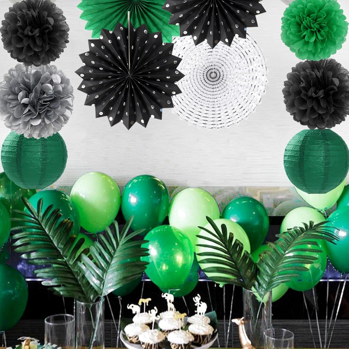 Black Green Silver Football Party-Decorations - 20pcs Soccer Theme Graduation Paper Lanterns Fans,Tissue Pom Poms,Honeycomb Balls,Men Boys Birthday Sports Spring Jungle Baby Shower Decor Burgleda