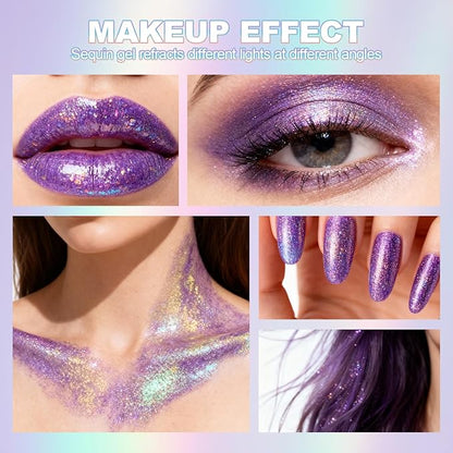 Erinde Holographic Body Glitter Gel, Roll-On Face Hair Glitter for Mermaid Makeup Festival Party Rave Accessories, Chunky Sequins Chameleon Shimmer Christmas Makeup for Women Girls, 08 Purple