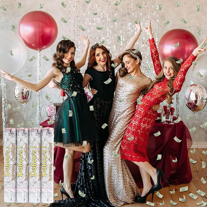 Confetti Cannon Creative Small Size Dollar Bill Confetti Poppers Suitable for Business Signing, Opening Activities, Promotion and Salary Increase Celebration, Holiday or Birthday Party (Pack of 4)