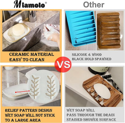 Miamolo Ceramic Soap Dish Soap Holder, Soap Lift for Bar Soap Sponge, Shower Soap Dishes for Bathroom Kitchen Counter Soap Saver Tray Keep Dry, Dishwasher Safe (Pack of 2)