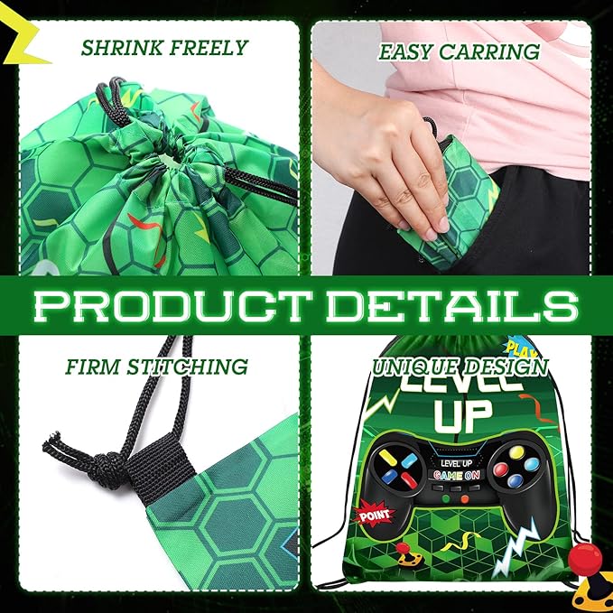 Roowest 36 Pcs Video Game Drawstring Bags 12 x 10'' Video Gaming Theme Birthday Party Gifts Supplies Goodie Treat Candy Bags for Kid(Green)
