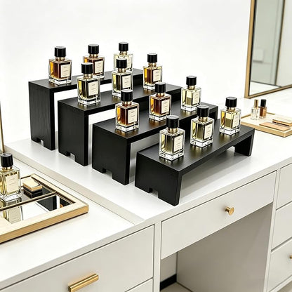 Yikaroeli 2 Set Large Black Display Riser Perfume Display Stand Cologne Shelf Wood Risers for Display,11"-8.6" Graduated Sizes,4Tiered 8Pcs Display Stands for Vendors Event