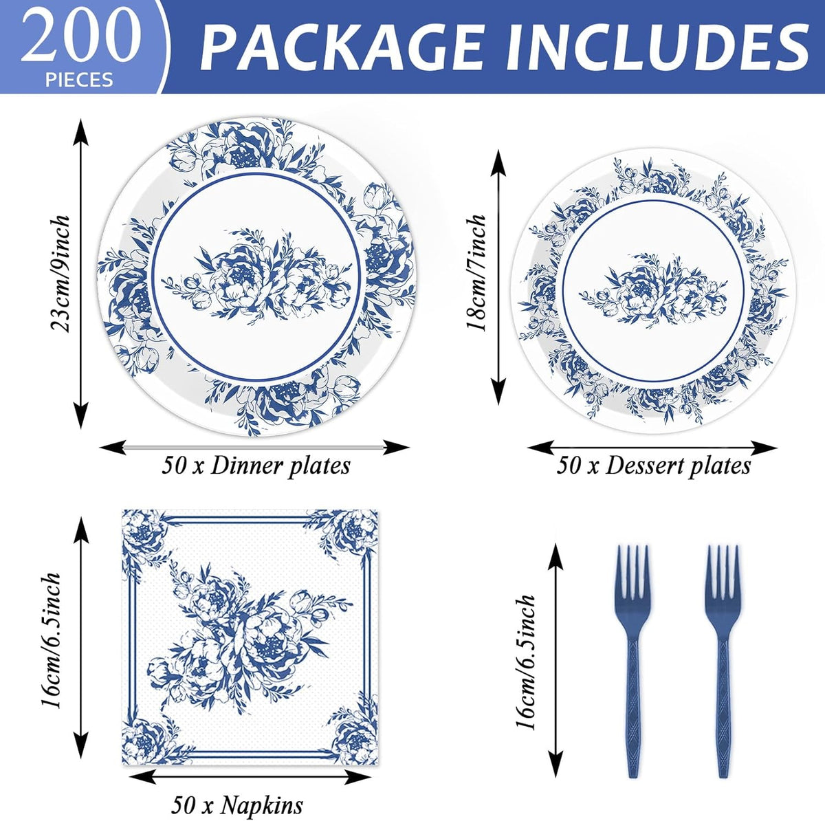 50 Guests Blue White Floral Party Tableware Set Blue and White Floral Plates Supplies Disposable Flowers Bridal Birthday Baby Shower Tea Party Dinnerware Plates Napkins Forks Decoration 200PCS