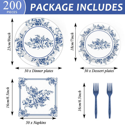 50 Guests Blue White Floral Party Tableware Set Blue and White Floral Plates Supplies Disposable Flowers Bridal Birthday Baby Shower Tea Party Dinnerware Plates Napkins Forks Decoration 200PCS