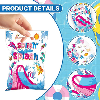 MOIZYNG 50Pcs Splish Splash Summer Birthday Gift Bags with Handles, Pink Splish Splash Happy Birthday Plastic Candy Treat Goodie Bags for Summer Pool Party Favors Supplies