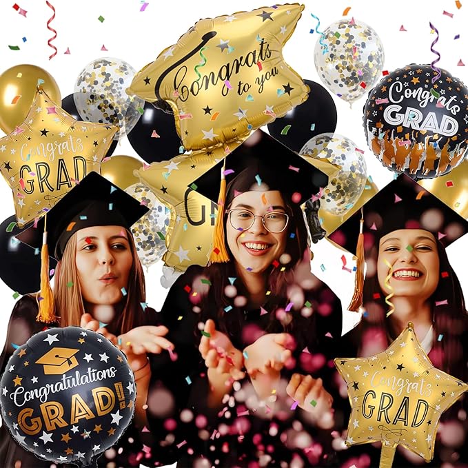21 PCS Graduation Decorations Balloons, Black and Gold Balloon Grad Cap Round & Star Foil Balloons Congrats Grad for Boy Girls Graduation Party Decorations Supplies