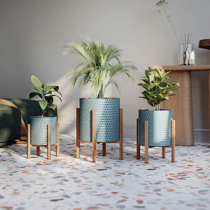 EverNest Mid-Century Modern Rhys Honeycomb Embossed Planter Pot with Kinsley Wood Stand, Metal Indoor Plant Pots, Blue Green Bohemian Style (Set of 3)