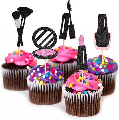 Ercadio 24Pcs Glitter Makeup Cupcake Toppers Mascara Lipstick Cupcake Picks Makeup Brushes Cosmetics Food Picks for Makeup Birthday Cupcake Decors Bridal Shower Bachelorette Party Supplies