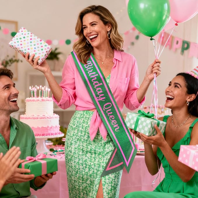 Pink Green Birthday Sash for Girls, Letter "Birthday Queen" Witch Themed Sash with Glitter Foil, Happy Funny Accessories for Party Favors Supplies