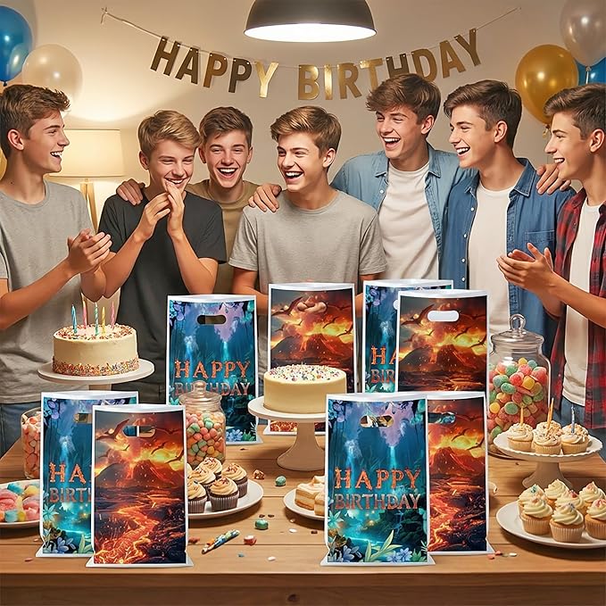 Andi Cppss Movie Theme Party Favor Bags - 50PCS Double-Sided Water Fire Themed Favor Goodie Bags for Birthday Party Decorations Volcano Plastic Gift Bag with Handle for Movie Lover Birthday Supplies