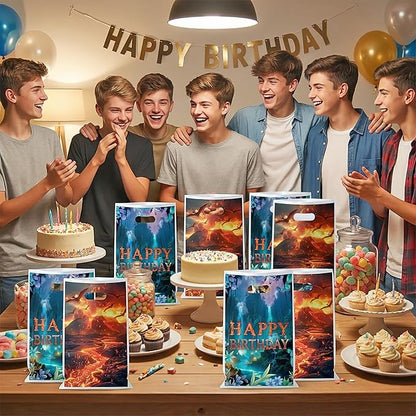 Andi Cppss Movie Theme Party Favor Bags - 50PCS Double-Sided Water Fire Themed Favor Goodie Bags for Birthday Party Decorations Volcano Plastic Gift Bag with Handle for Movie Lover Birthday Supplies