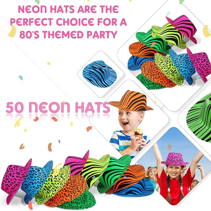 Handepo 50 Pcs Neon Party Hats for Adults Kids Halloween Colorful Plastic Cowboy Party Hats UV Reactive Fluorescent for Glow Birthday Weddings Carnival Concerts Music