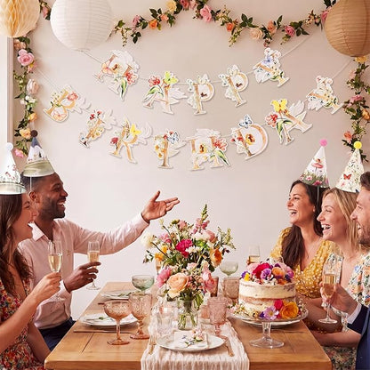 AmazingSpark 25 Pcs Fairy Garden Birthday Party Set Includes 24 Butterfly Cone Hats with Pompoms and 1 Happy Birthday Banner for Butterfly Parties Photo Props Garden Decorations