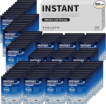 100 Instant Ice Cold Packs, 4.4" x 6" Disposable Ice Packs for Injuries, Pain Relief, No Freeze Needed Cold Compress for First Aid, Athletes