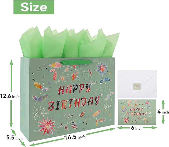 Qirrmiy 16.5” Extra Large Happy Birthday Gift Bag Set with Handles, Greeting Card, Tissue Papers and Stickers for Women Girls, Green Floral Design, 1 Pcs