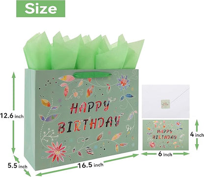 Qirrmiy 16.5” Extra Large Happy Birthday Gift Bag Set with Handles, Greeting Card, Tissue Papers and Stickers for Women Girls, Green Floral Design, 1 Pcs