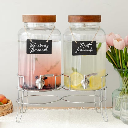 Ilyapa Glass Drink Dispensers for Parties with Stand - 2 Pack, 1.5 Gallon for Ice Water, Lemonade, Juice, Sangria, & Punch Tower Cookout Essentials