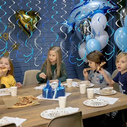 BEISHIDA Blue Blue Silver Hanging Swirls Party Decorations Plastic Streamer for Ceiling, Birthday Hanging Party Supplies, Pack of 30