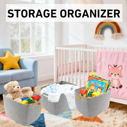 3 Pack Woven Rope Storage Baskets for Organizing,13.5"×11"×9.5"Storage Bins for Shelves,Perfect for Toys,Books,Towels,Clothes,Empty Gift Baskets for Nursery,Living Room&Bedroom(Mix Grey)