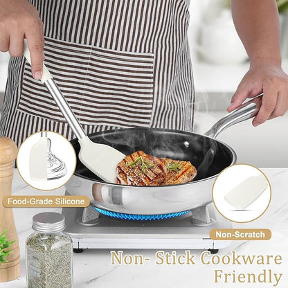 TeamFar Cooking Utensils Set, 5 Pcs Silicone Kitchen Utensils with Stainless Steel Handle, for Nonstick Cookware Flipping Frying Turning Draining, Heatproof & Healthy, Healthy & Easy Clean, White