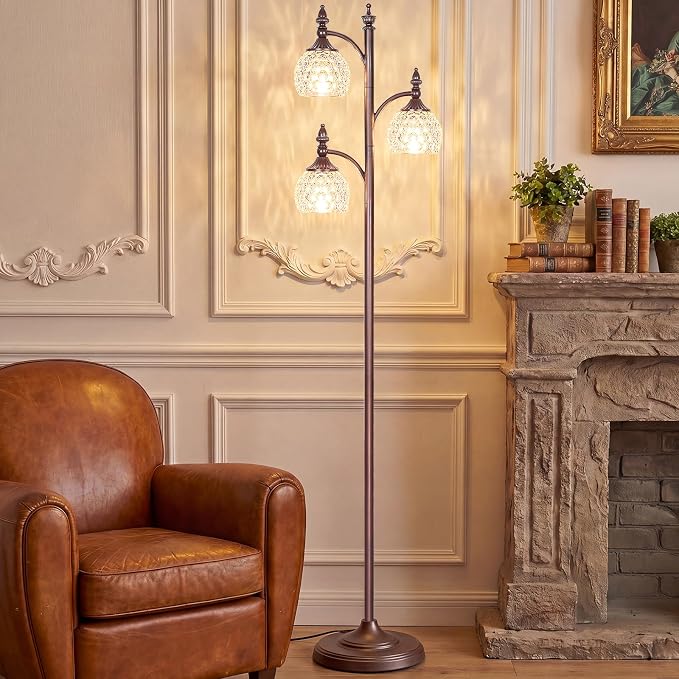 JUNNAI Brown Floor Lamps for Living Room 66.5in Vintage Standing Lamp with Glass Shade 3 Way Brightness Lights Mid Century Modern Pole Lights Corner Lamp for Bedroom Office(Bulbs Included)
