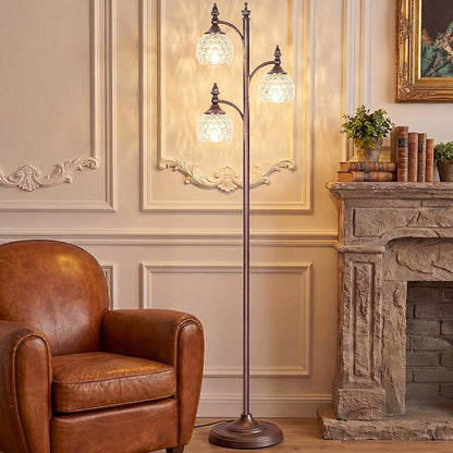 JUNNAI Brown Floor Lamps for Living Room 66.5in Vintage Standing Lamp with Glass Shade 3 Way Brightness Lights Mid Century Modern Pole Lights Corner Lamp for Bedroom Office(Bulbs Included)